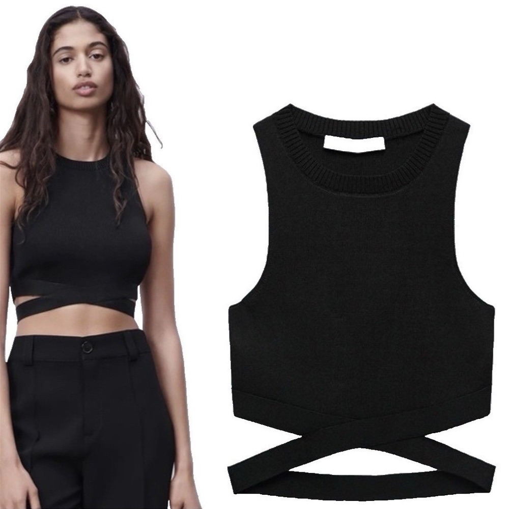 Zara Knit Crop Top Black Crossover Straps Cutout Sexy Chic Crew Neck Small NEW